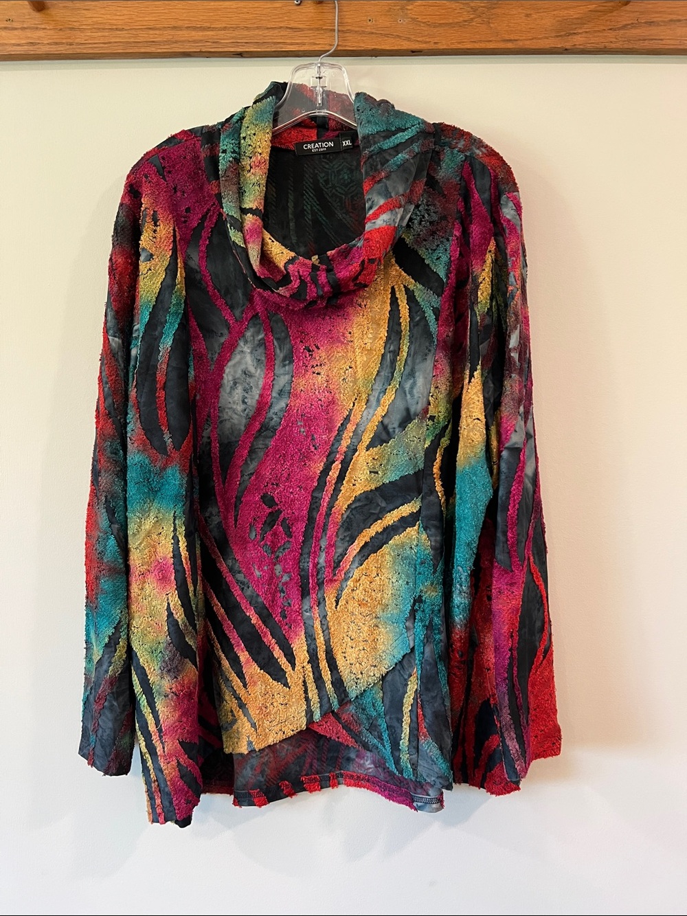 Creation - xxl, Multicolor Cowl Neck Women's Blouse - Teal, Pink, Gold, Black
